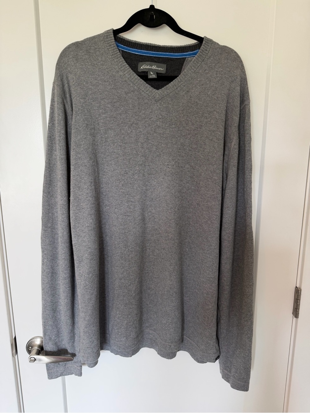 Eddie Bauer Men's V-Neck Sweater - Heather Gray with Blue Neck Trim